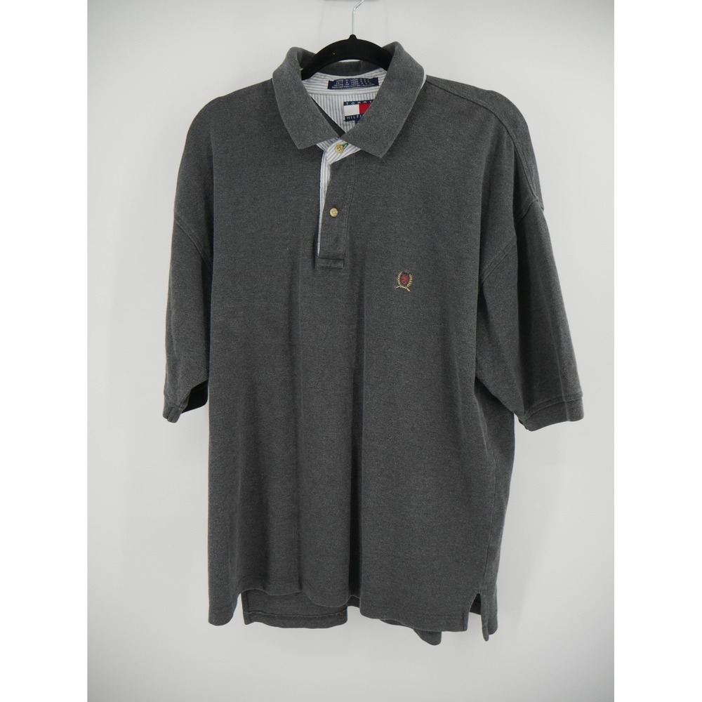 Tommy Hilfiger Polo XXL Grey Vintage Embroidered Crest‎ Logo 90s Pique Prep VGVC